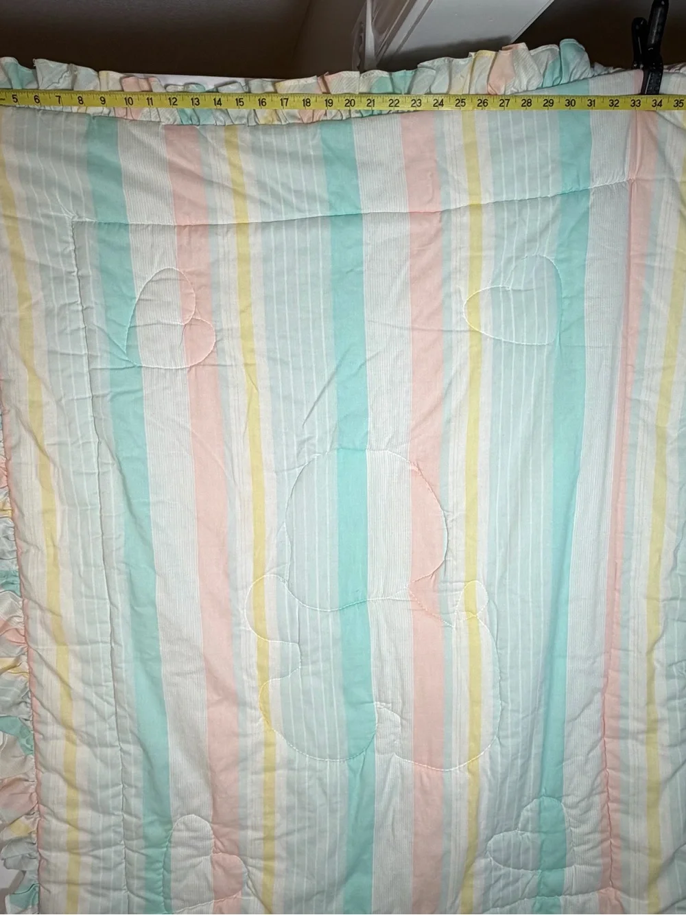 Vtg Lambs & Ivy Baby Blanket Quilt Pastel Stripes Plush Puppy Dog Ruffle Border